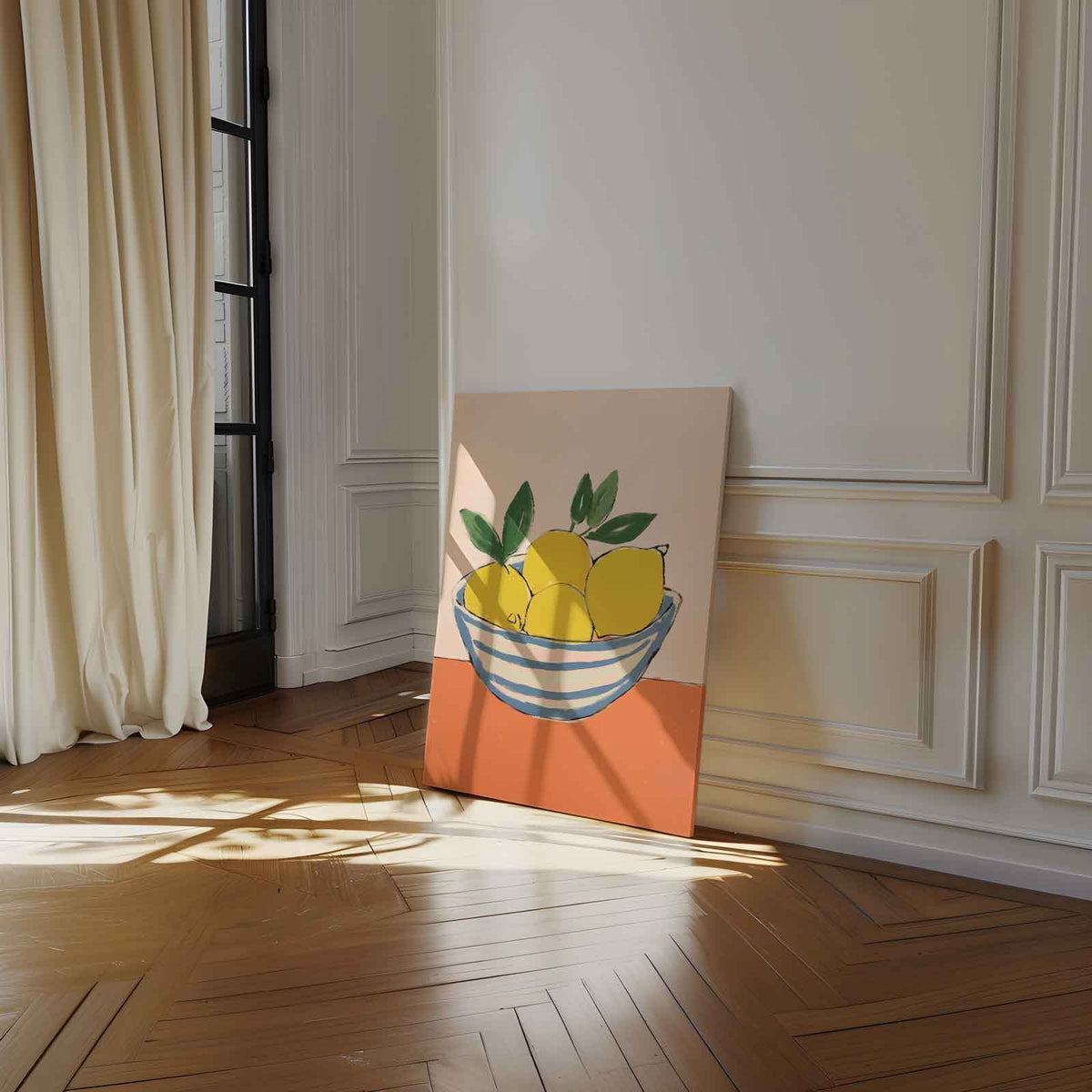 Citroenen in blauwe kom op oranje ondergrond – staand kunstwerk voor modern interieur