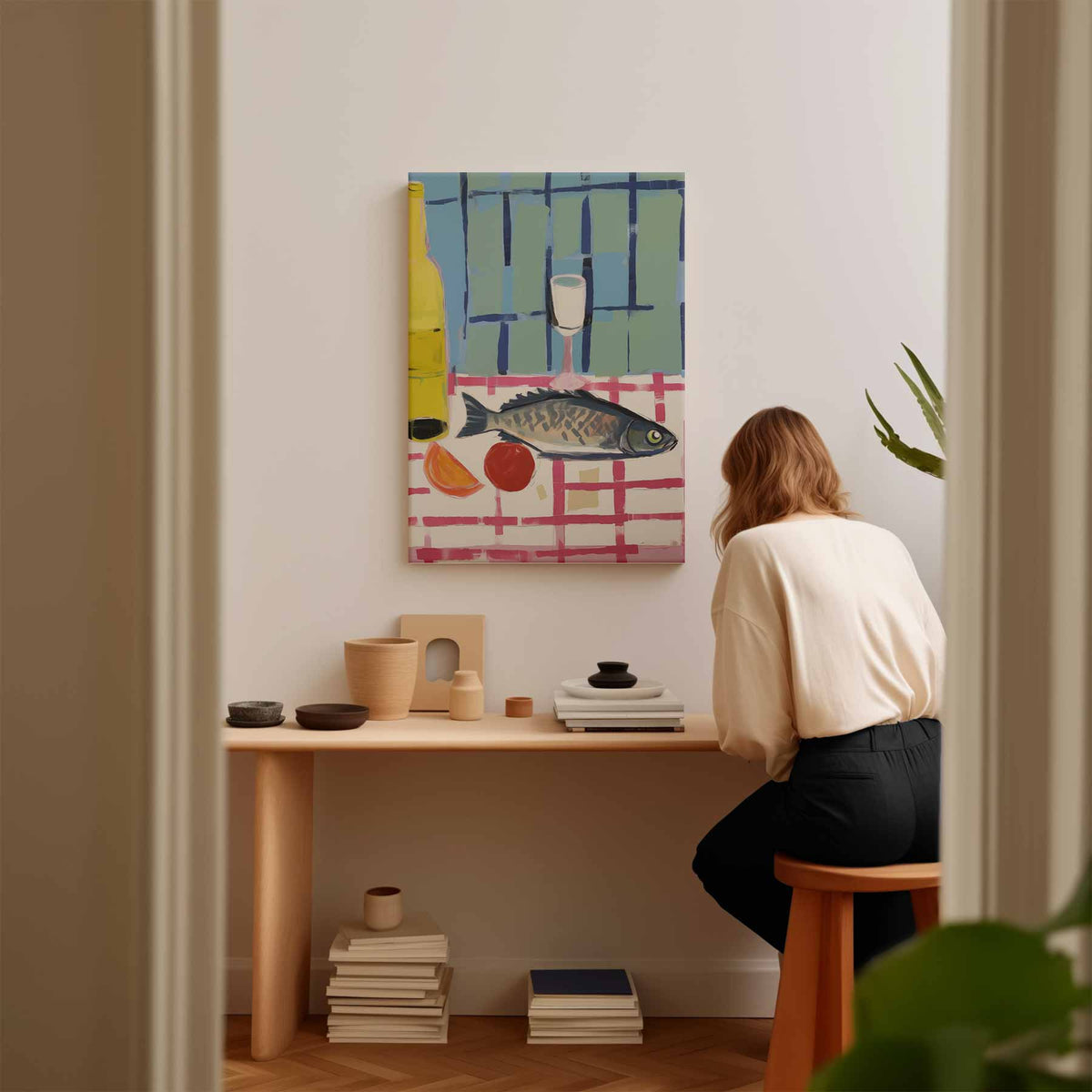 Vis met wijn op geruit tafelkleed – plexiglas wanddecoratie in portret formaat