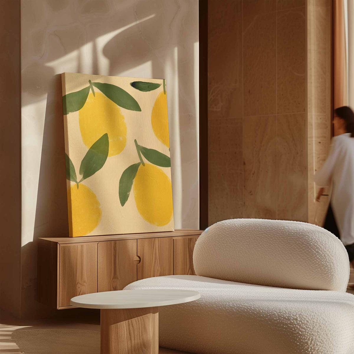 Citroenen met bladeren op beige achtergrond – modern portret kunstwerk van WallArtistic