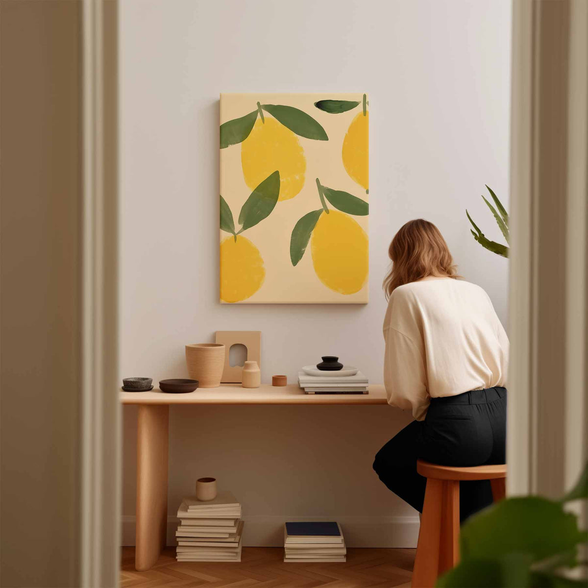 Citroenen met bladeren op beige achtergrond – plexiglas wanddecoratie in portret formaat