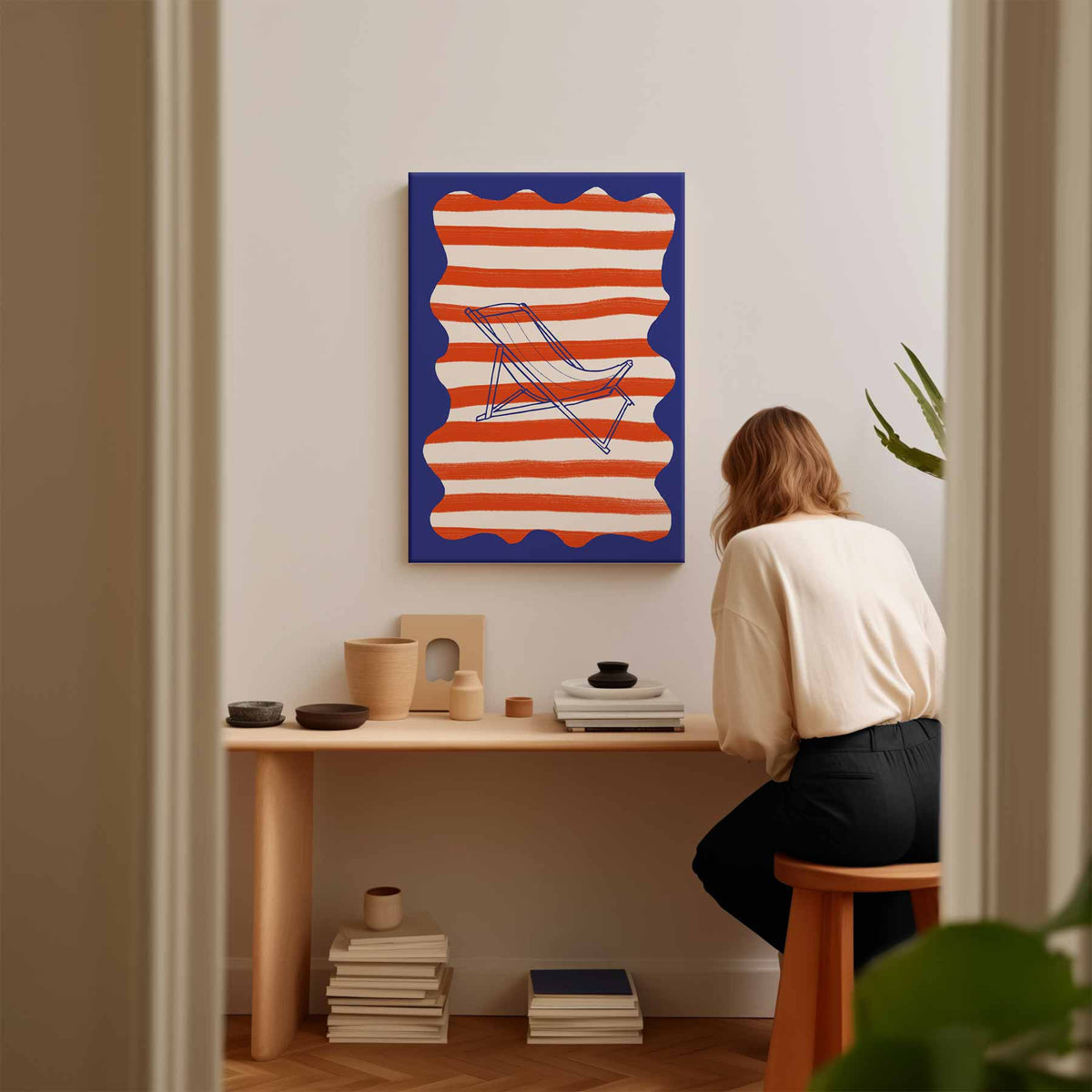 Strandstoel in streep – canvas wanddecoratie in portret formaat