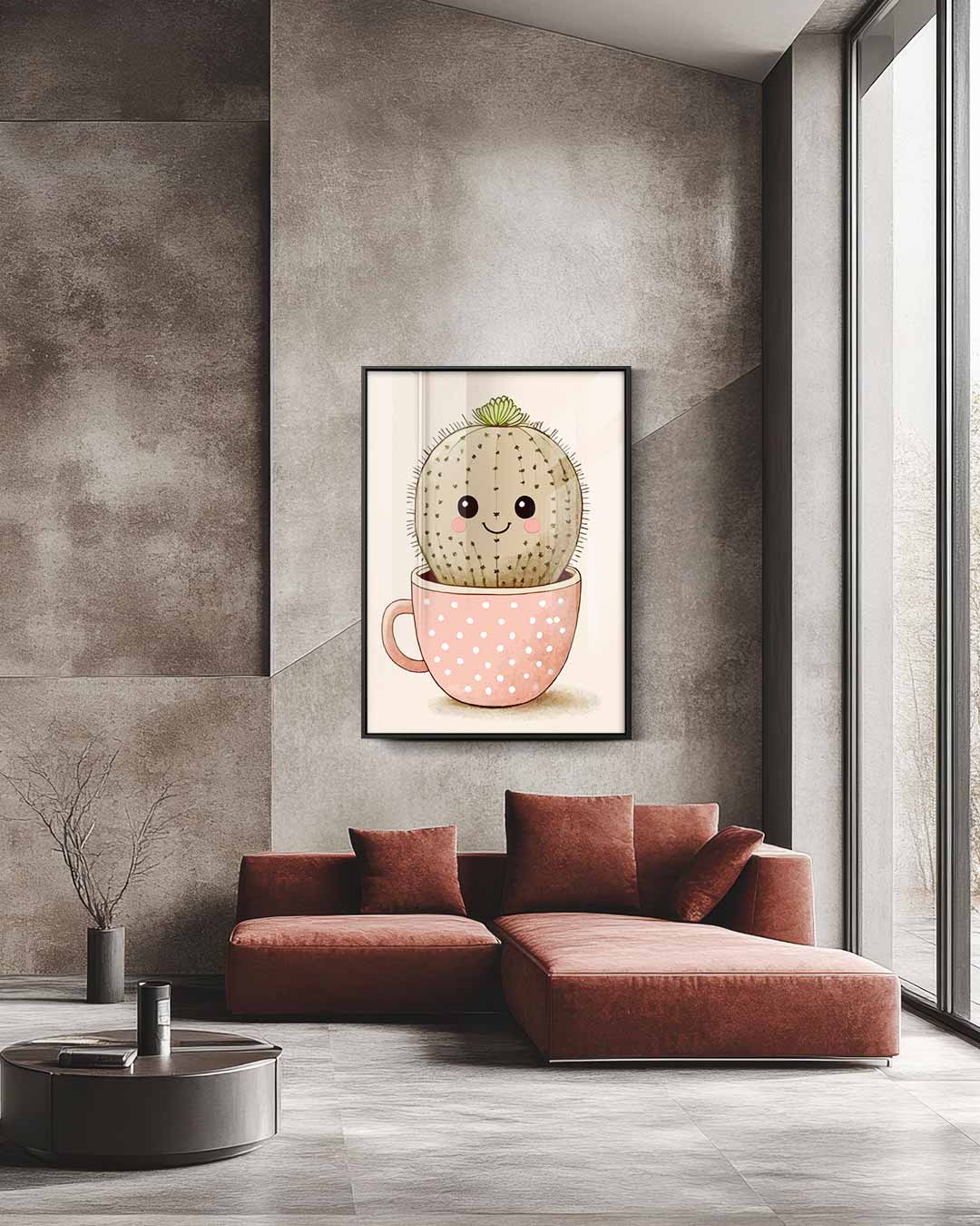 Vrolijke Cactus in Kopje – staande wandkunst voor woonkamer of interieur
