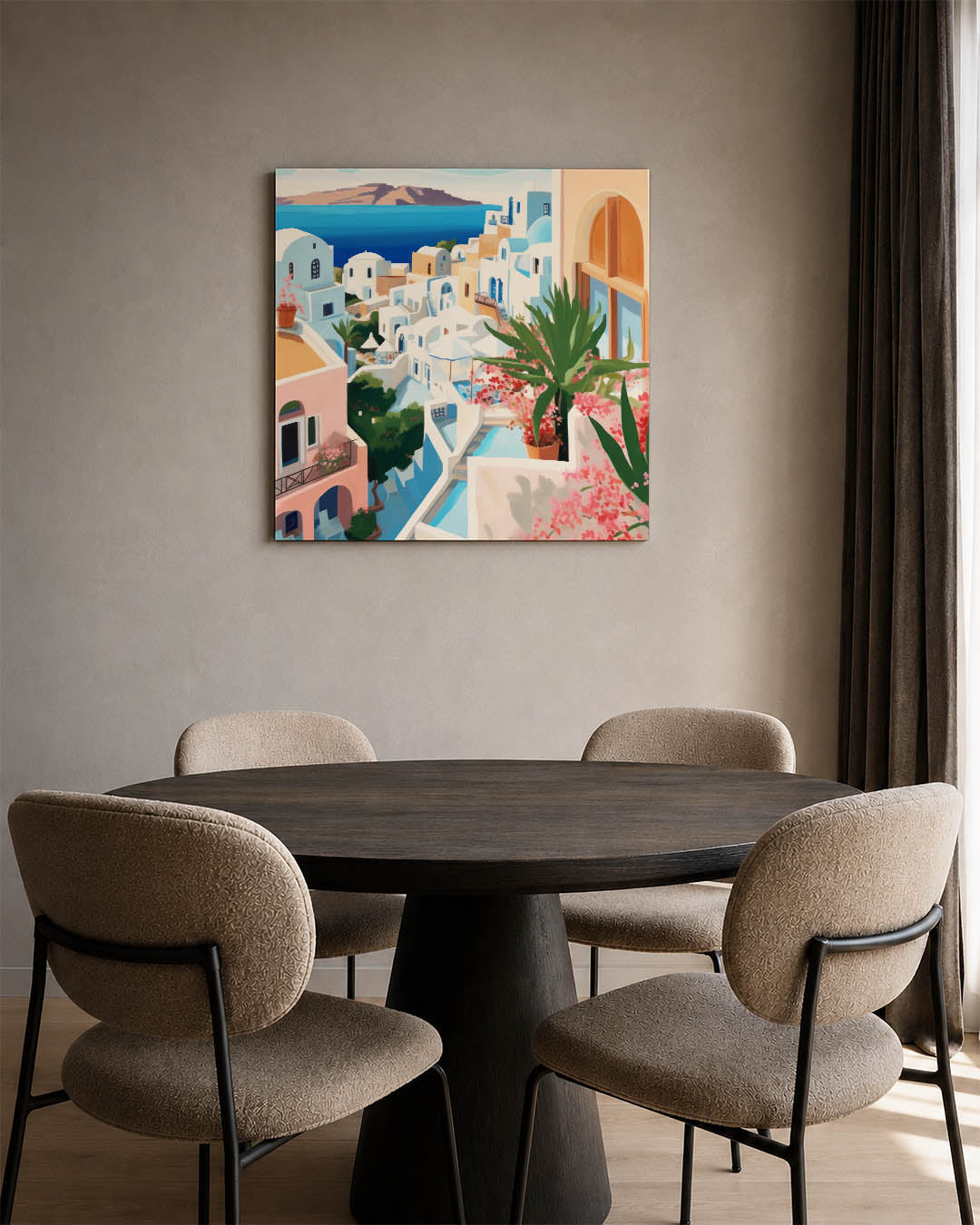 Mediterraans dorp kunstwerk – vierkante wanddecoratie – dit kunstwerk toont een zonnig dorp met witte gebouwen en blauwe