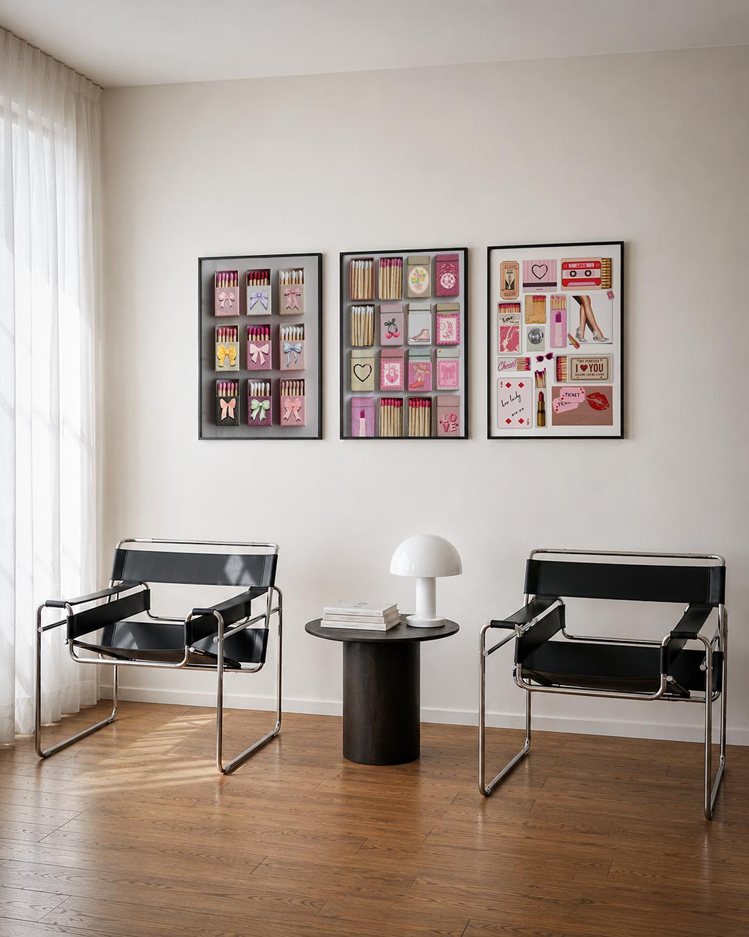 Strikjes en lucifers driedelige posterset – deze driedelige postercombinatie toont negen luciferdoosjes