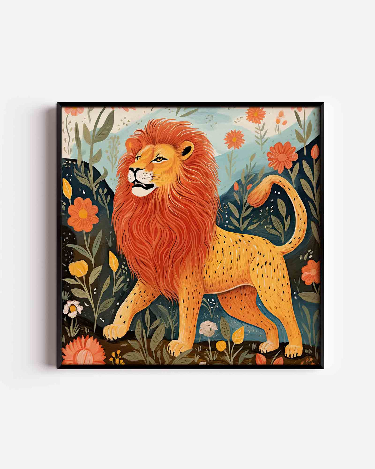 Leeuw in bloemen – vierkante kinderposter als wanddecoratie