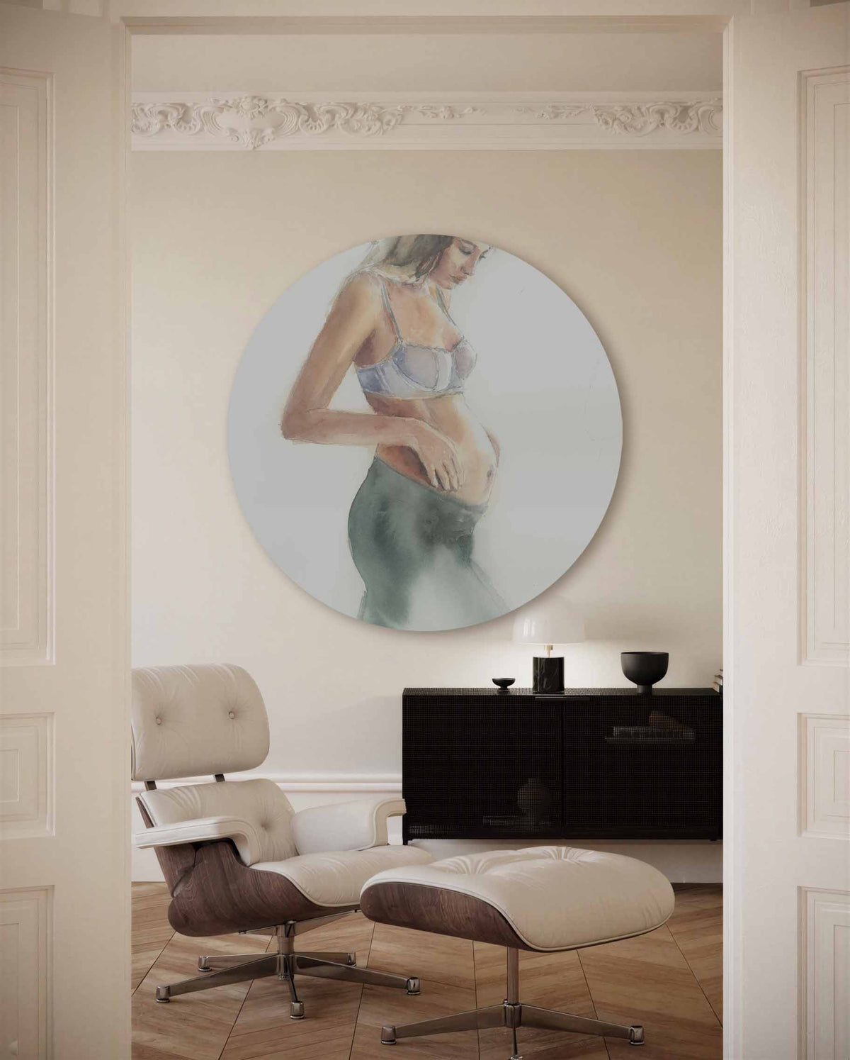 Zwangere vrouw – illustratie muurcirkel als ronde muurdecoratie