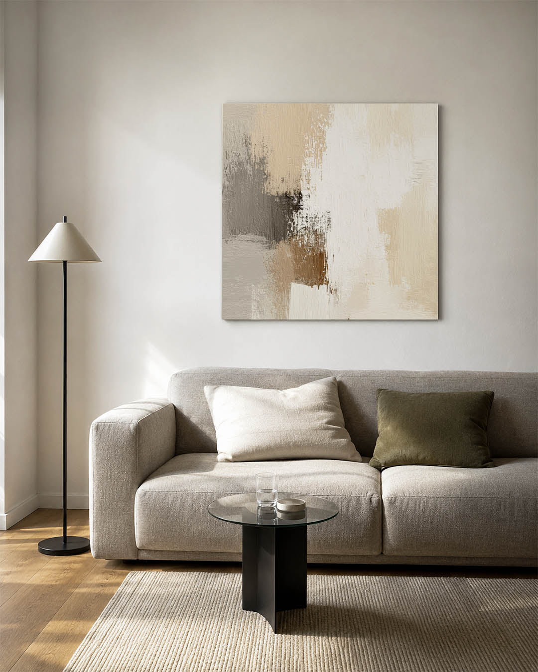Neutrale kleurencompositie kunstwerk – vierkante wanddecoratie – dit werk toont een harmonie van beige, wit en grijs met
