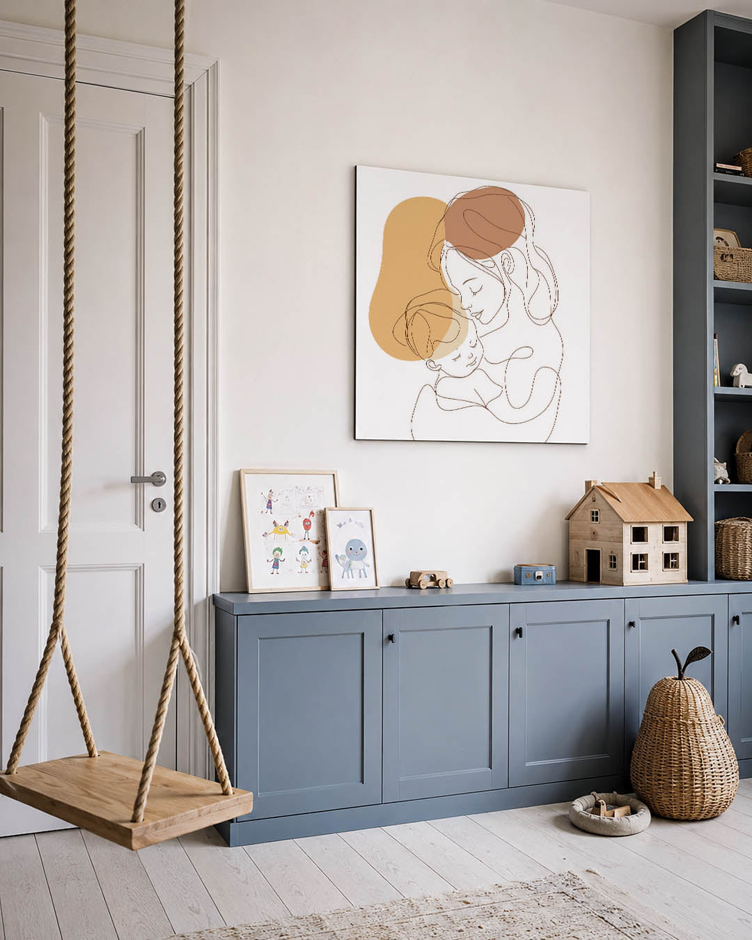 Lijntekening moeder en kind kunstwerk – vierkante wanddecoratie – dit werk toont een vloeiende lijntekening van een moeder en