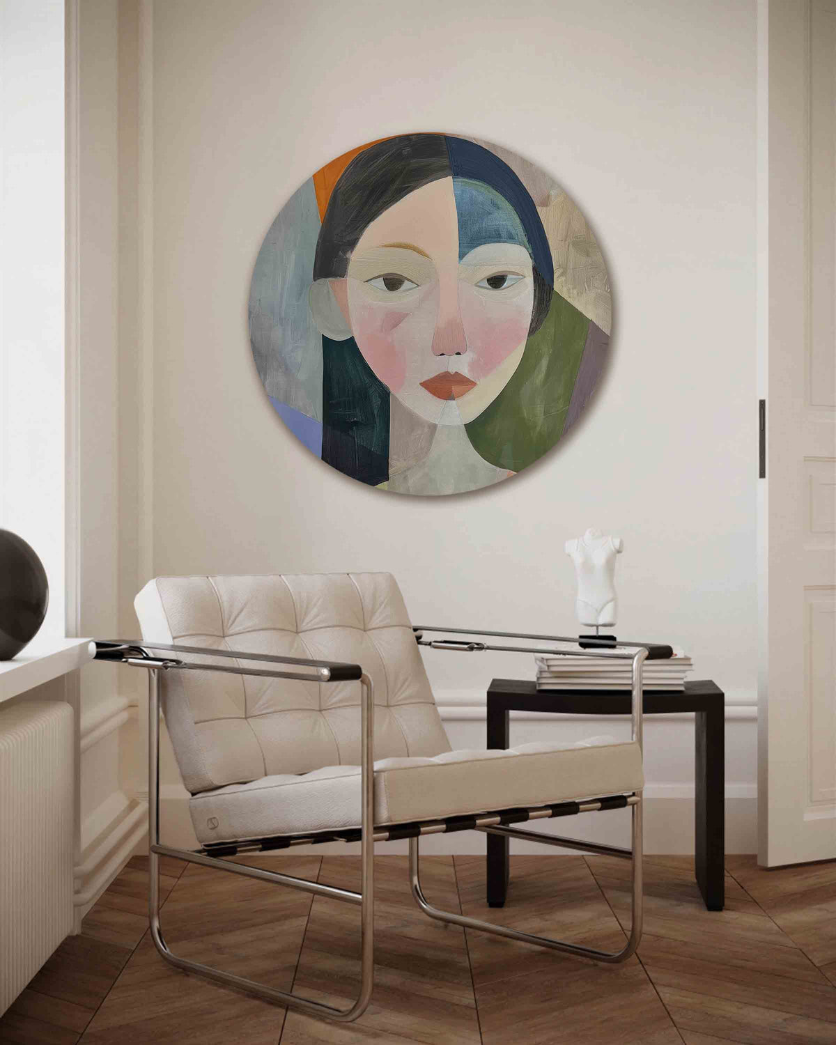 Portret met geometrische vormen – kleurrijke muurcirkel als ronde wanddecoratie