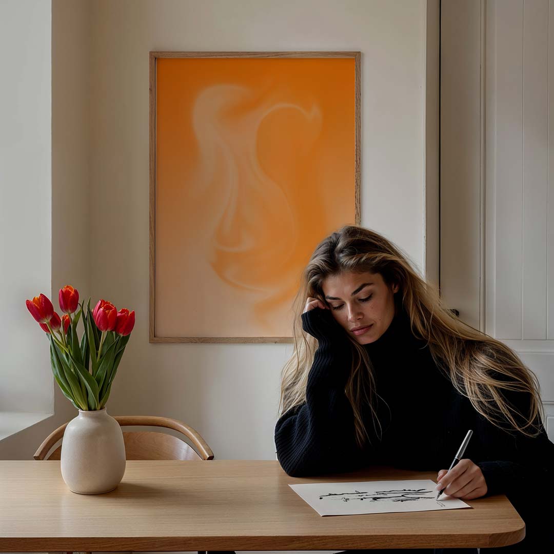 Vloeiende Oranje Droom – staande muurposter met kleurrijke abstracte vormen