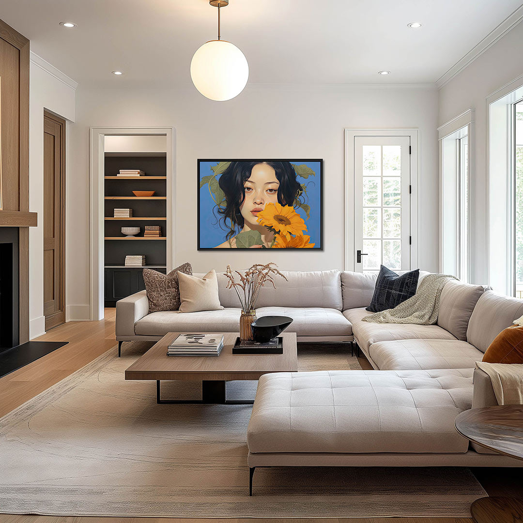 Vrouw met zonnebloemen – op canvas, dibond of plexiglas