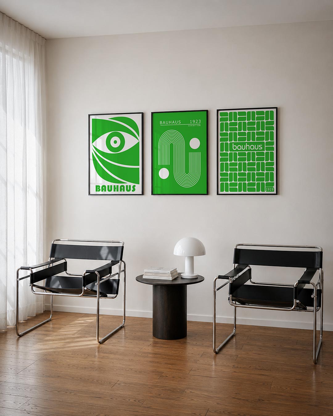 Oog en lijnen posterset – tweede productweergave – een groene oogvorm met dynamische lijnen en een cirkelpatroon. De