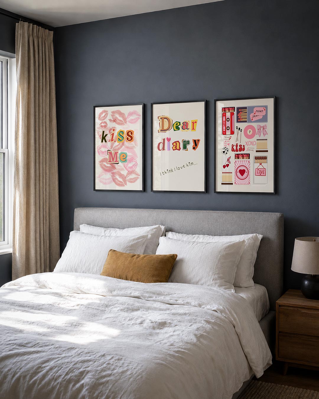 Lippen en letters posterset – detailweergave – deze posterset in drie delen toont speelse lipafdrukken in