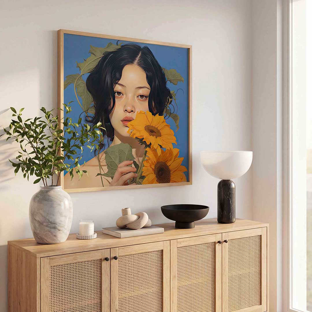 Vrouw met zonnebloemen – illustratie poster in vierkant formaat