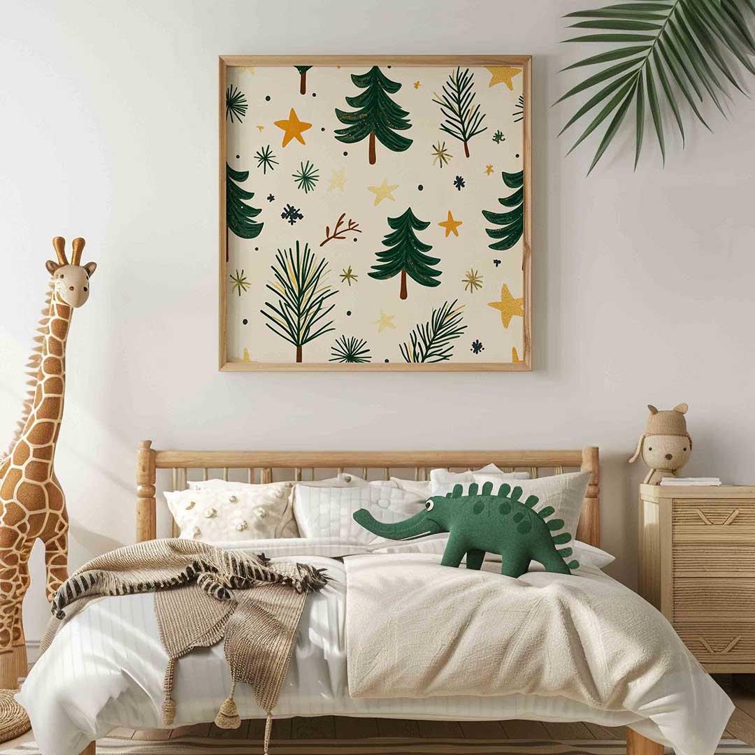 Kerstbomen en sterren – vierkante kinderkamer wanddecoratie van WallArtistic