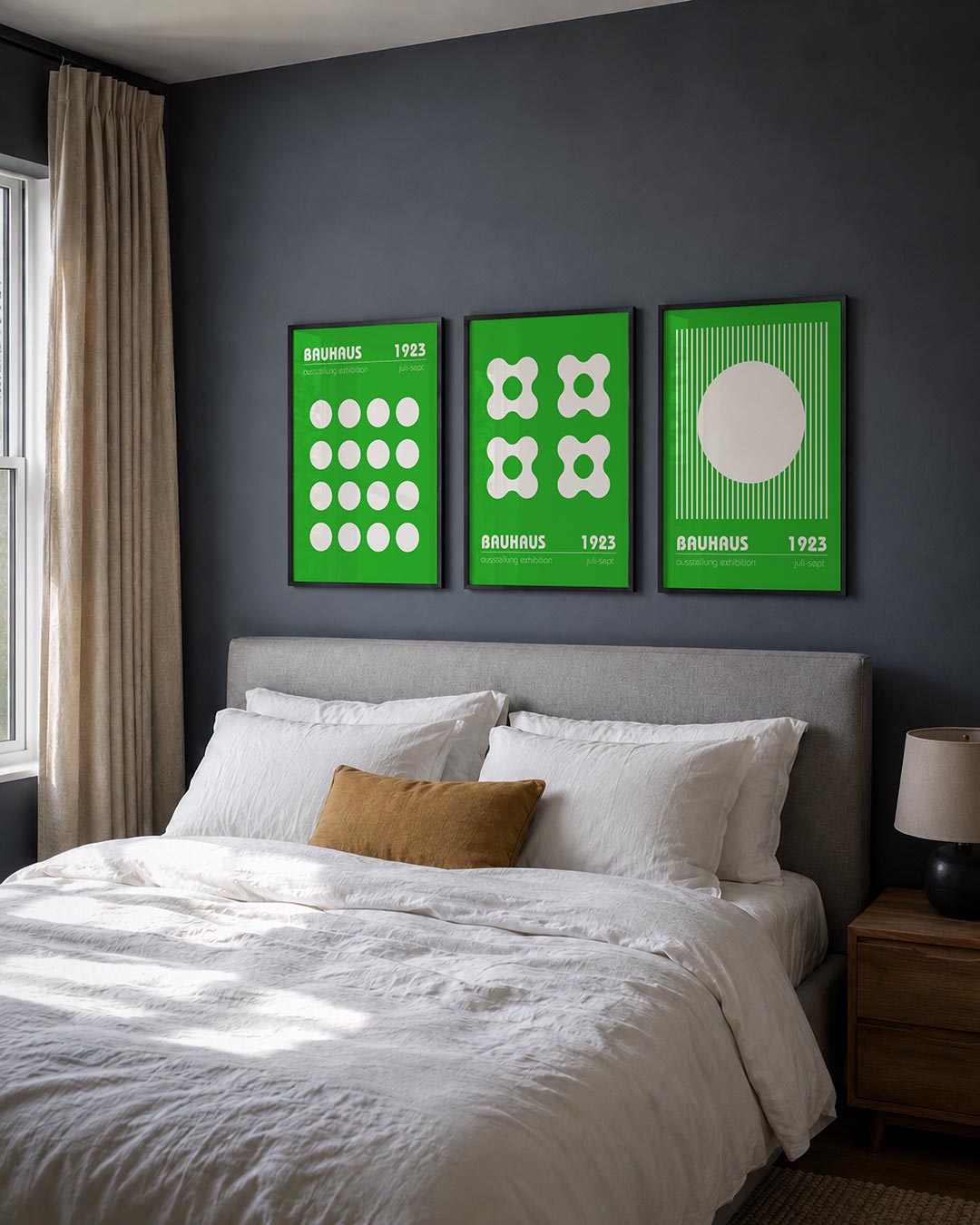 Cirkelritme groen posterset – detailweergave – deze posterset in drie delen toont een levendig groen vlak met een patroon van