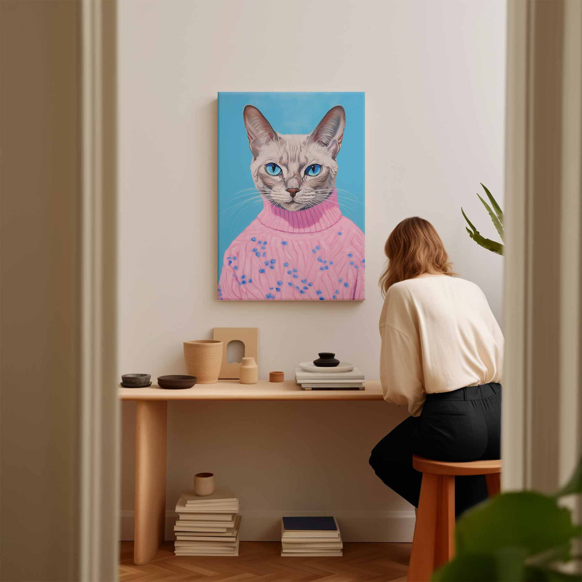 Kat in Roze Trui Portret – plexiglas kunstwerk als wanddecoratie