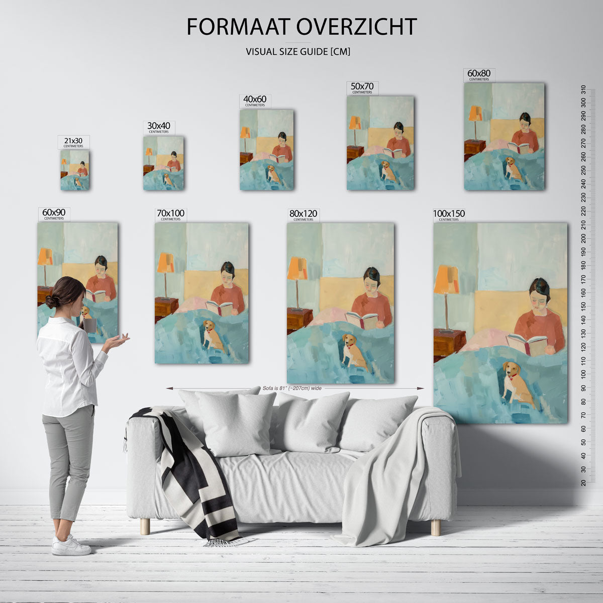 Lezende vrouw met hond – staande muurposter met hedendaagse illustratie