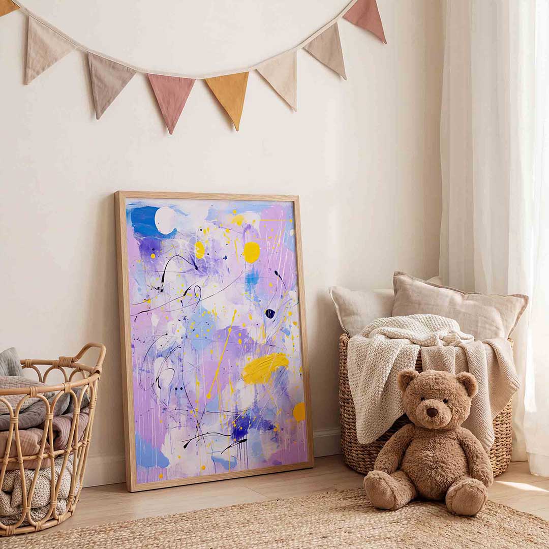 Abstracte paarse en gele – speelse wandkunst als portret kinderposter