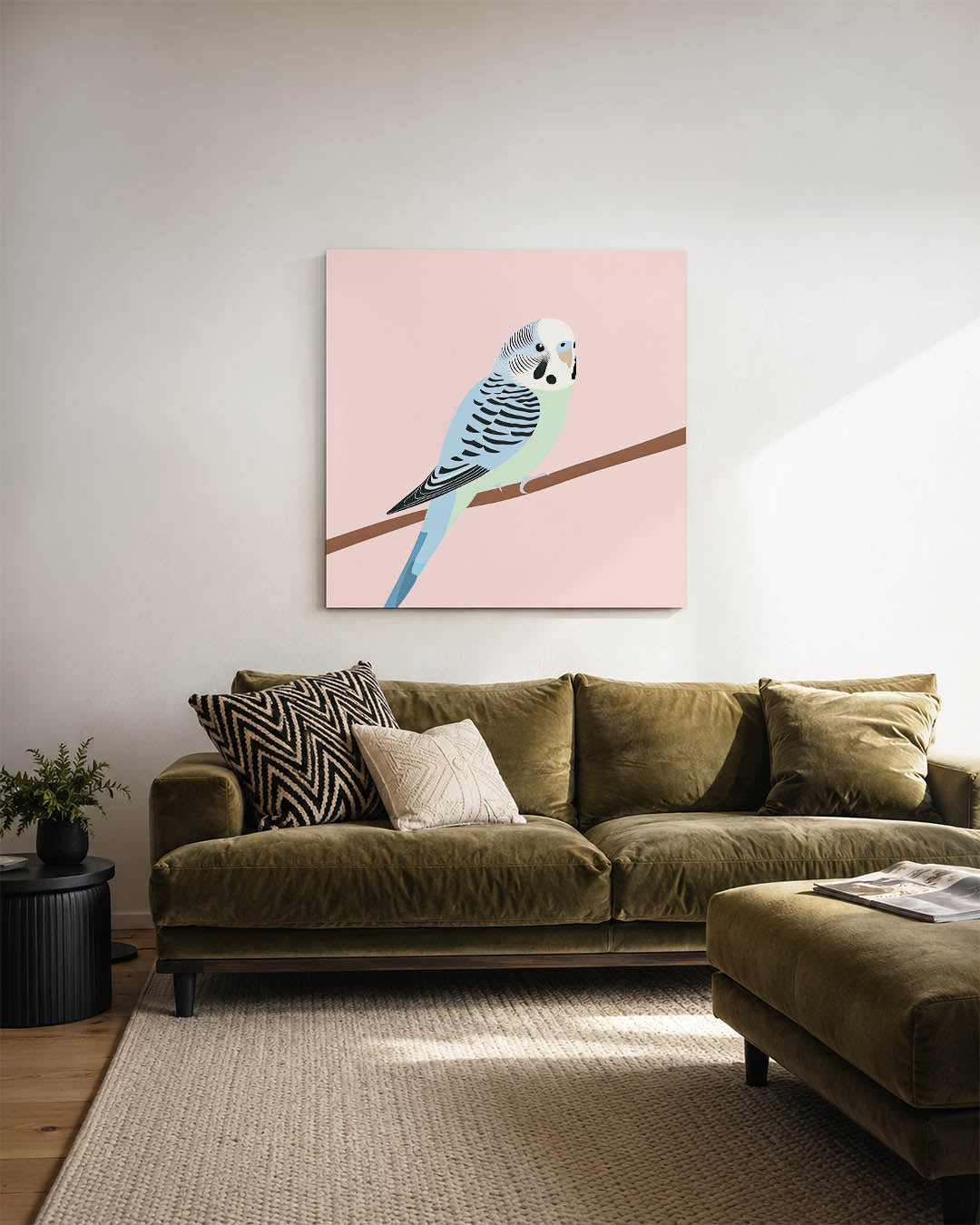 Vogel op tak kunstwerk – sfeerbeeld – dit kunstwerk toont een vogel met subtiele lijnen en zachte kleuren, zittend op een tak