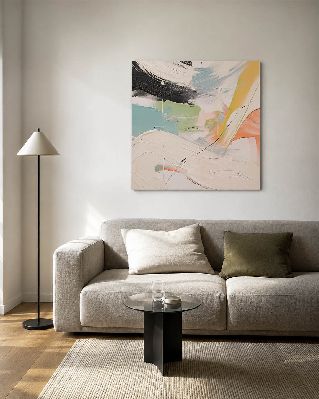 Dynamische kleurencompositie kunstwerk – vierkante wanddecoratie – dit werk toont een levendige mix van vloeiende lijnen en