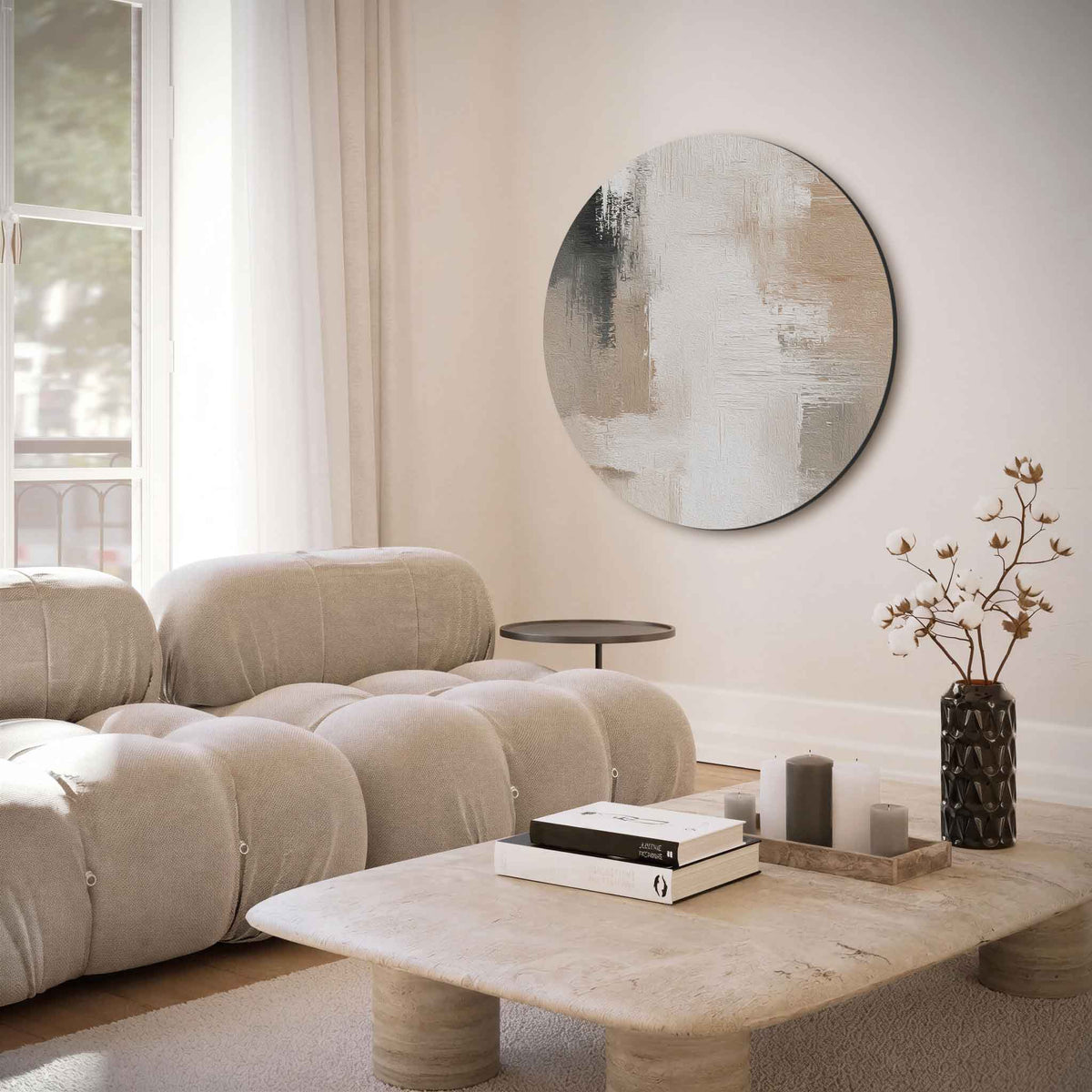 Abstracte beige – muurcirkel met abstracte texturen voor aan de muur