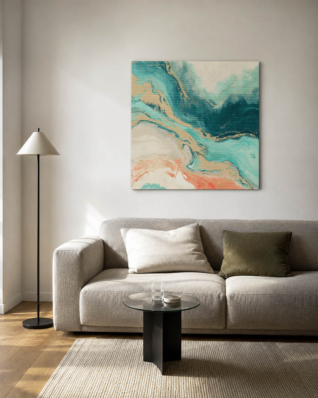 Vloeiende kleurencompositie kunstwerk – vierkante wanddecoratie – dit werk toont een dynamische mix van golvende lijnen en