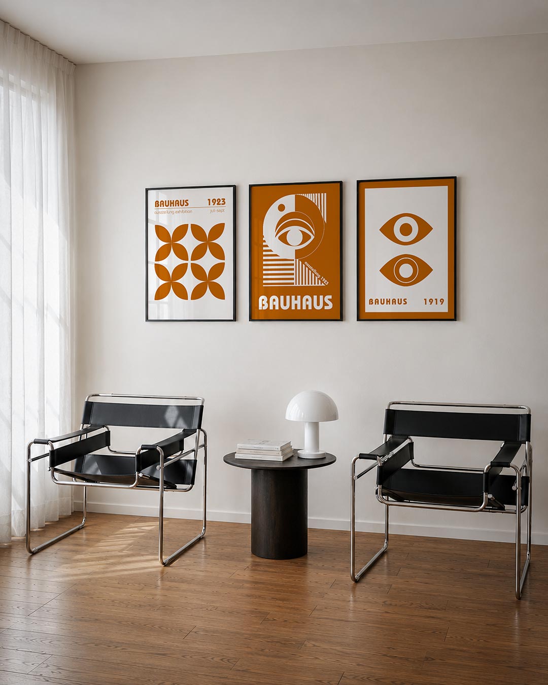 Vorm en balans driedelige posterset – deze posterset in drie delen toont een ritmisch patroon van overlappende oranje