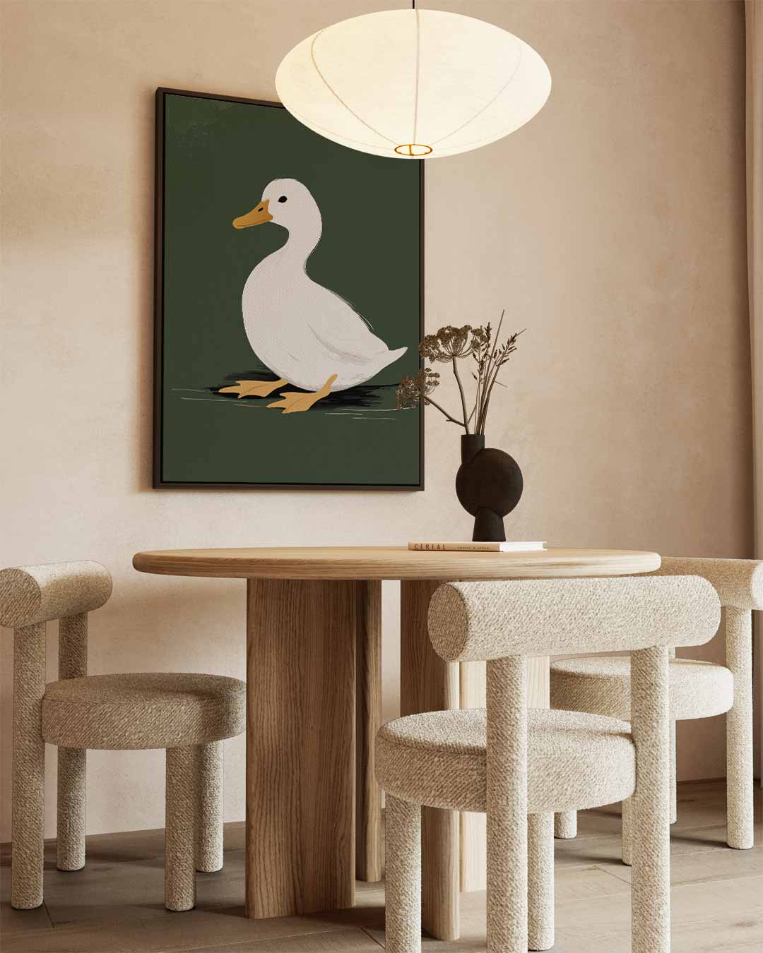 Eend op Donkergroene Achtergrond – staand kunstwerk voor modern interieur