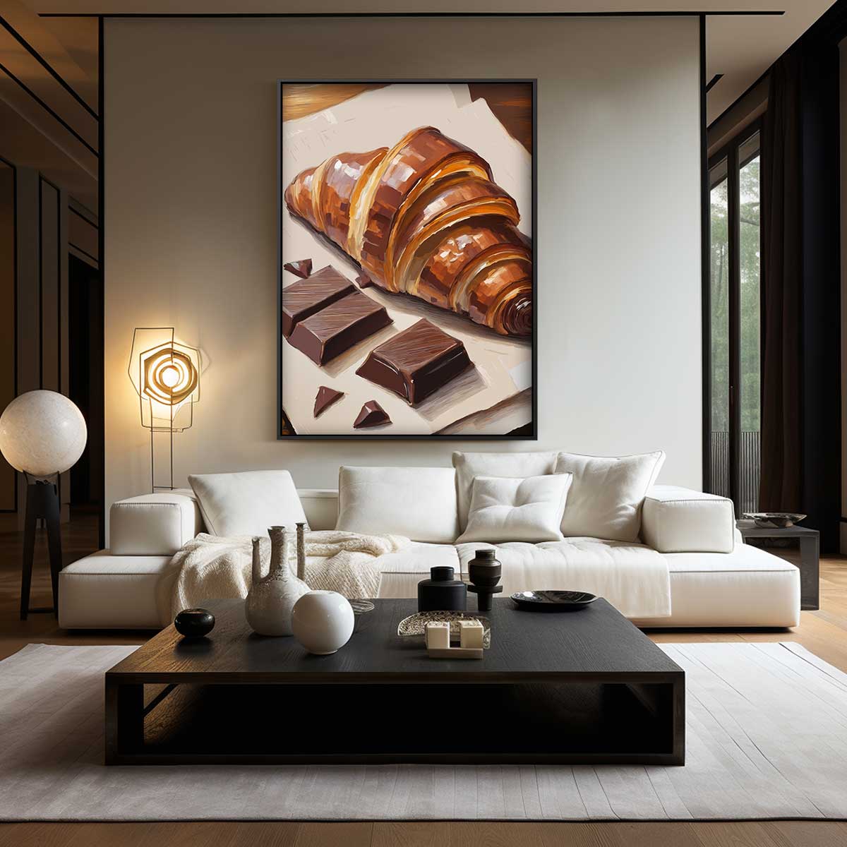 Smakelijke Croissant met Chocolade Schilderij – kunstwerk met zwarte baklijst