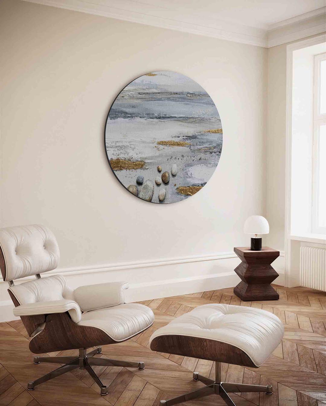 Stenen en goud – ronde wanddecoratie met abstract ontwerp