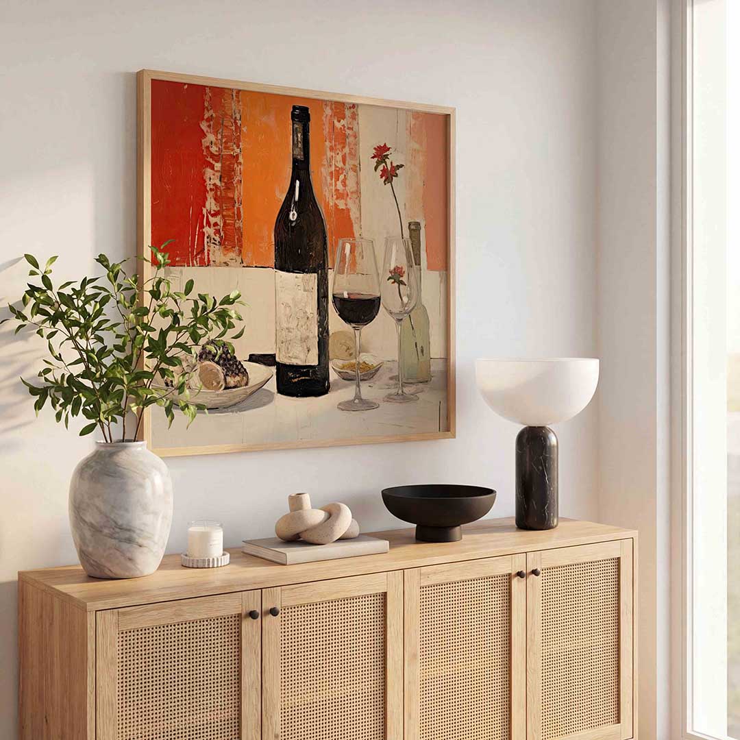 Wijnfles en glazen – illustratie poster in vierkant formaat