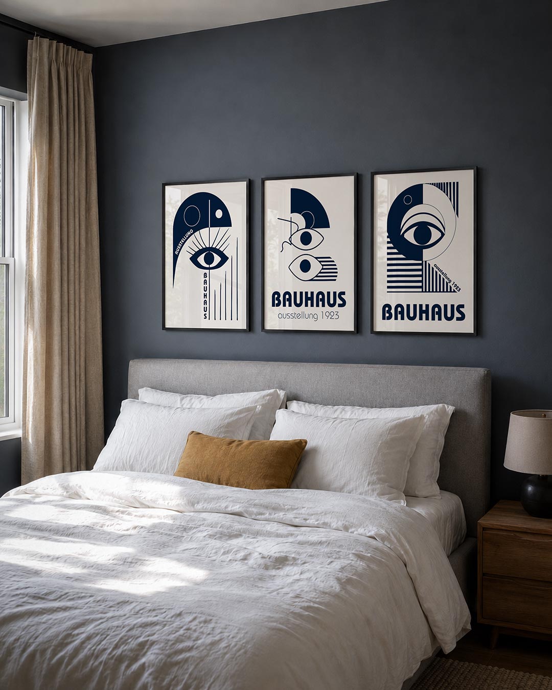 Oog en lijnen posterset – derde productweergave – een donkerblauw oog met strakke lijnen en cirkels. De compositie speelt met