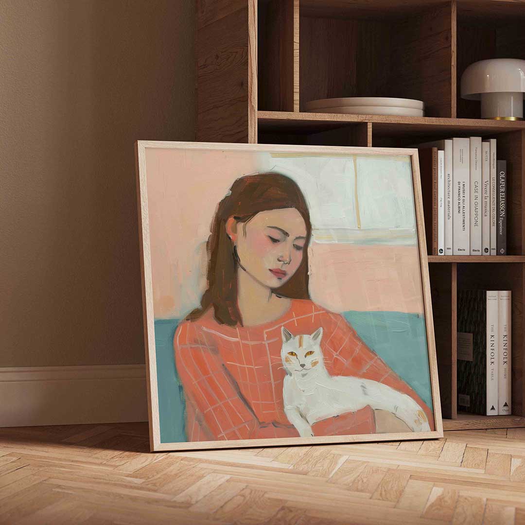 Vrouw met kat – moderne wandkunst als vierkante poster