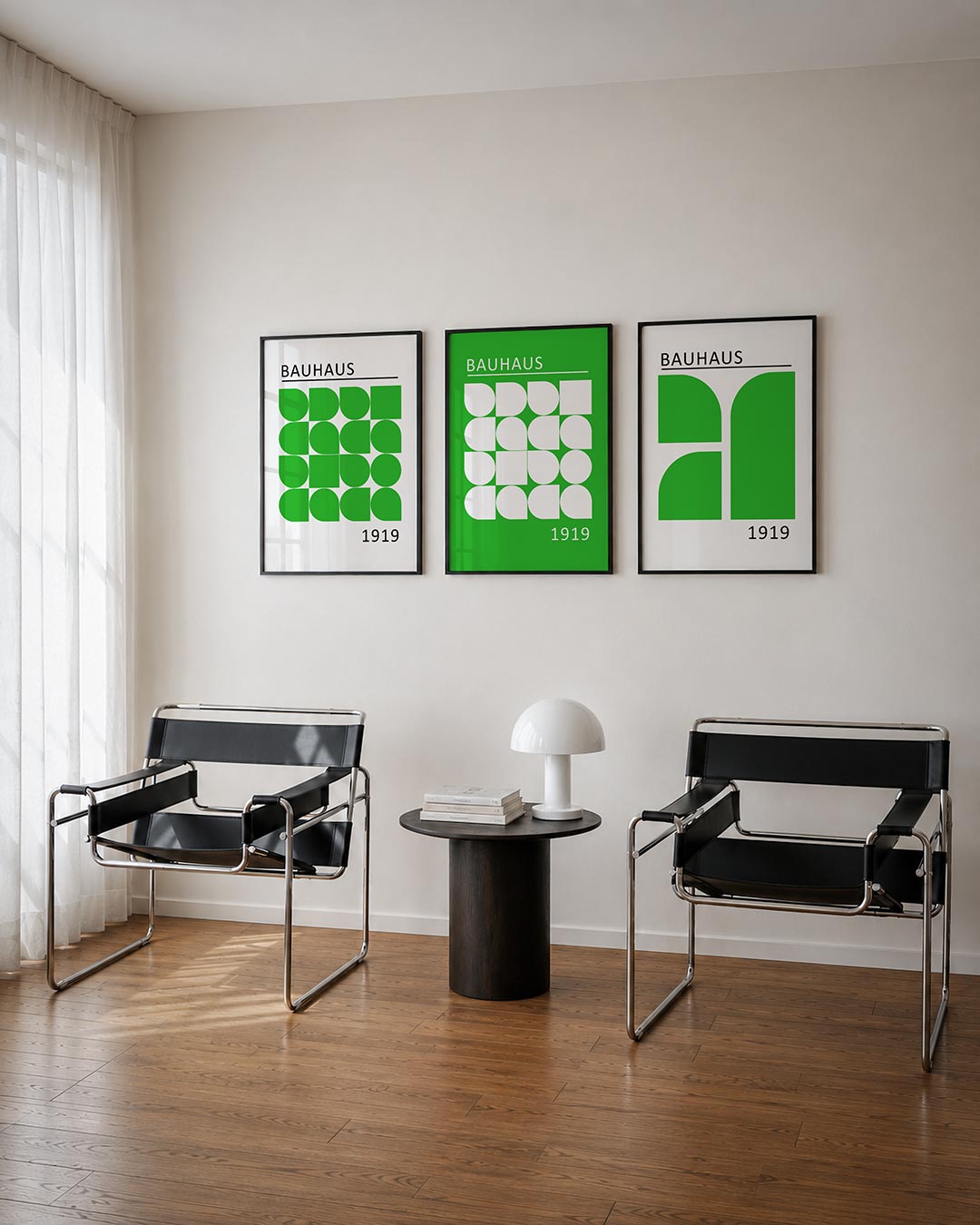 Groene vormenritme posterset – tweede productweergave – deze posterset in drie delen toont een speelse ordening van groene