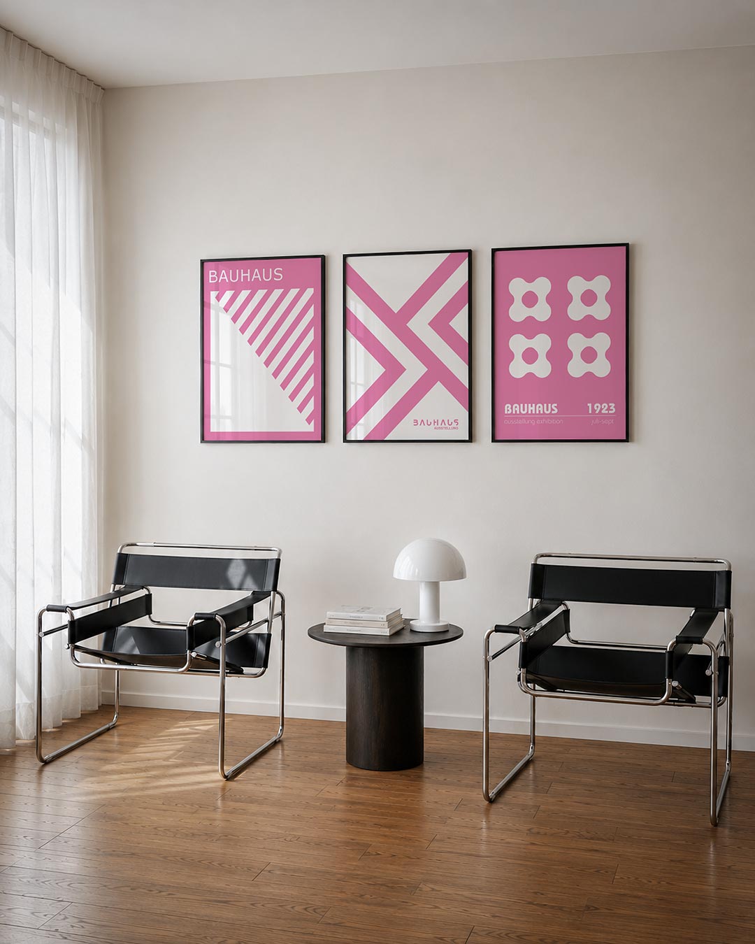 Roze lijnenspel posterset – derde productweergave – deze posterset in drie delen toont een speelse wisselwerking van roze
