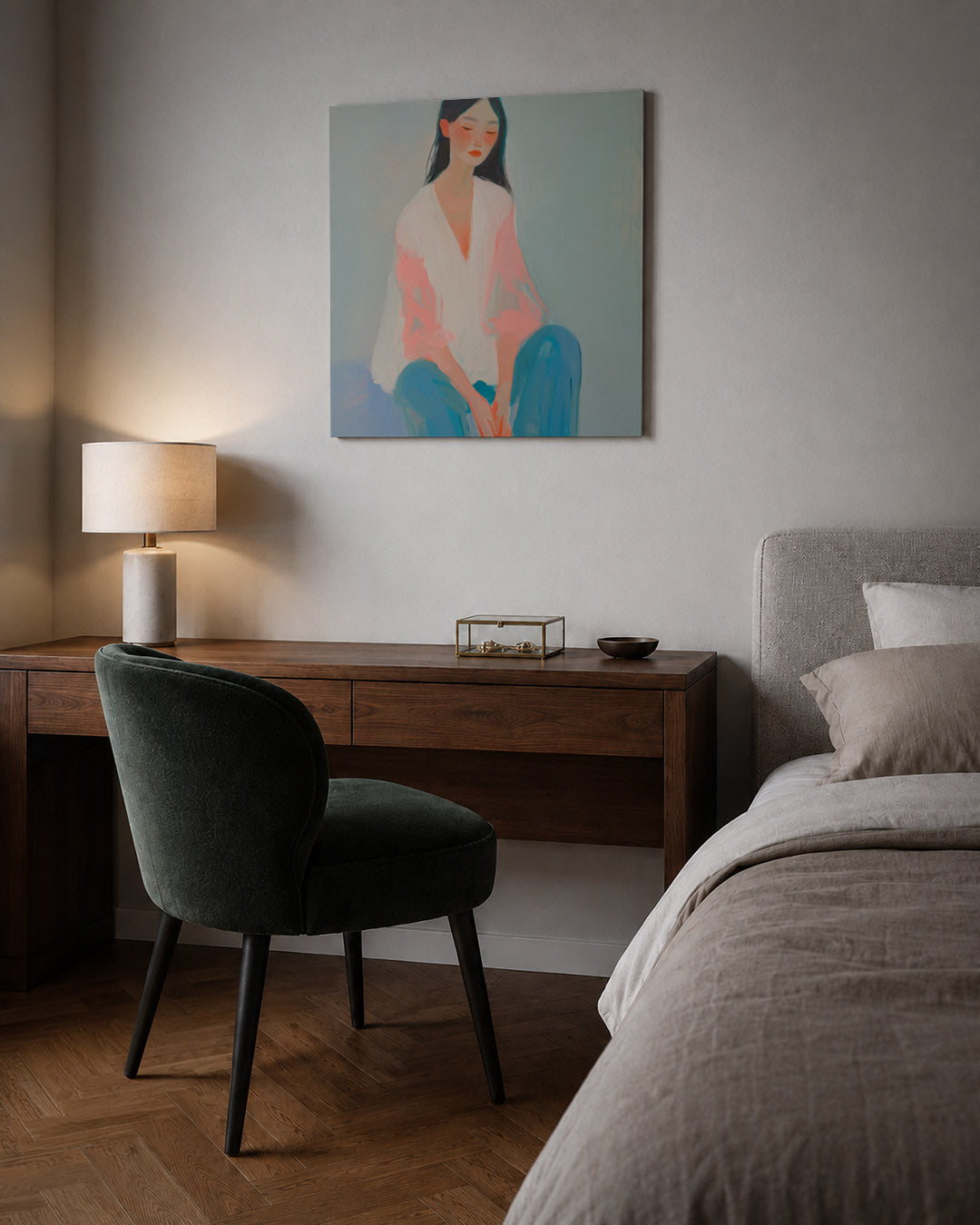Dromerige vrouwenzitting kunstwerk – sfeerbeeld – dit werk toont een vrouw in een serene pose met zachte kleuren. De