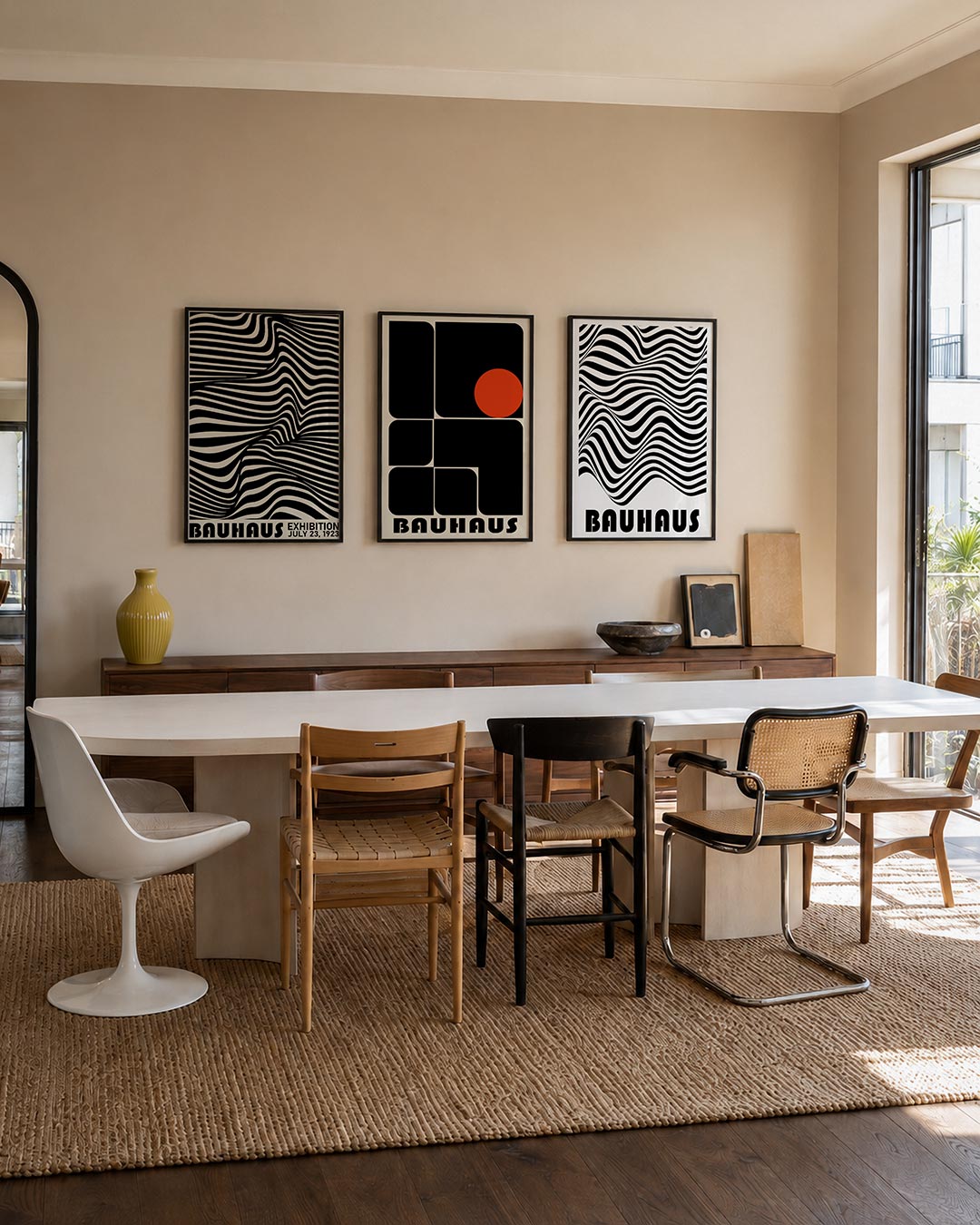Golvend lijnenspel driedelige posterset – deze poster toont een dynamisch spel van golvende zwarte lijnen op een beige
