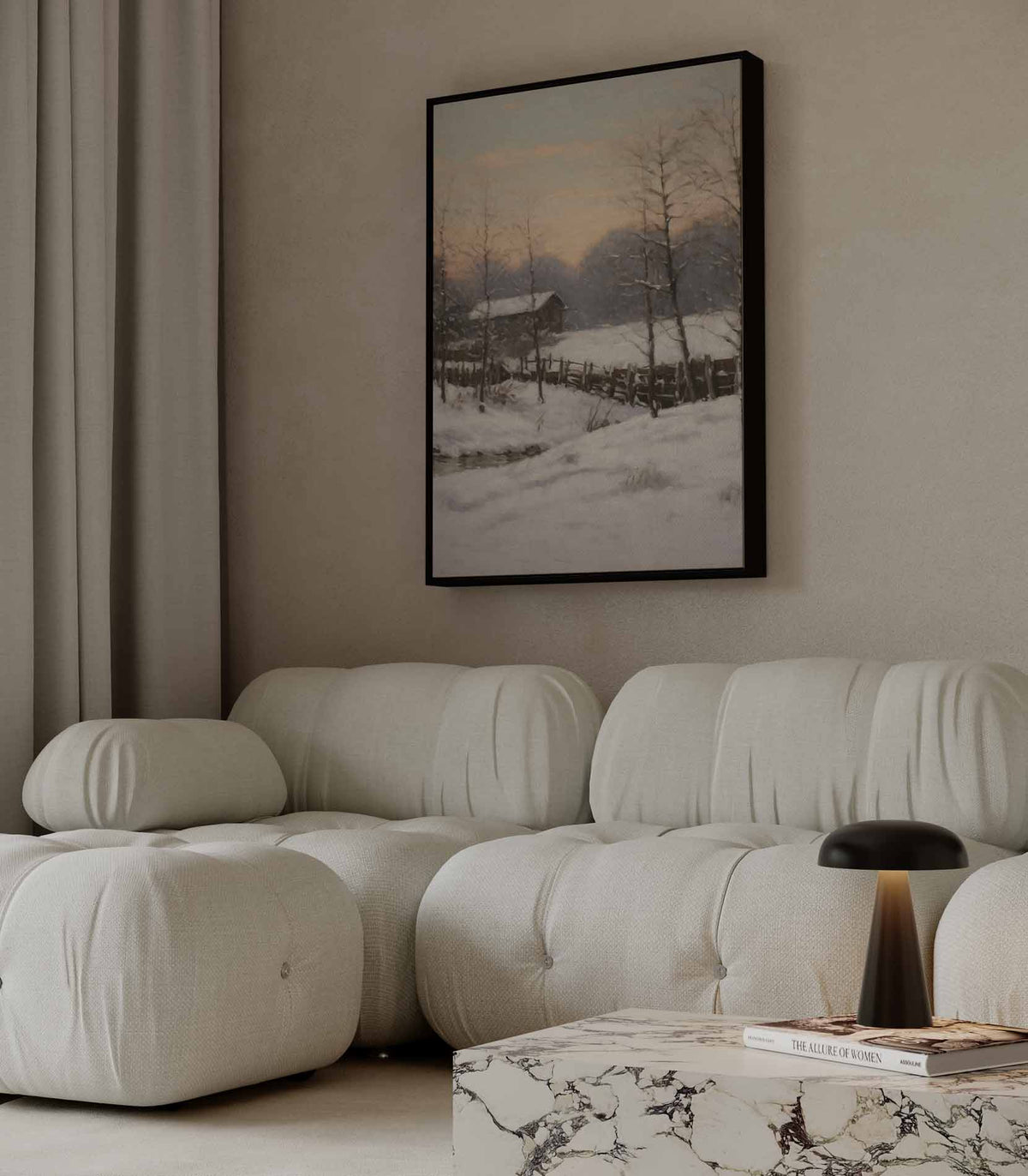 Winterlandschap bij Zonsopgang – kunstwerk met zwarte baklijst