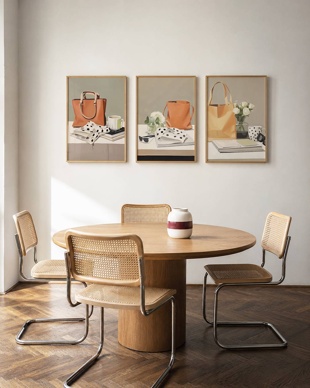 Stilleven met tas – driedelige posterset in interieur