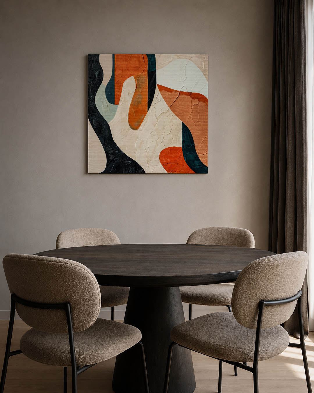 Organische vormen compositie kunstwerk – tweede productweergave – dit kunstwerk toont vloeiende, overlappende vormen in warme