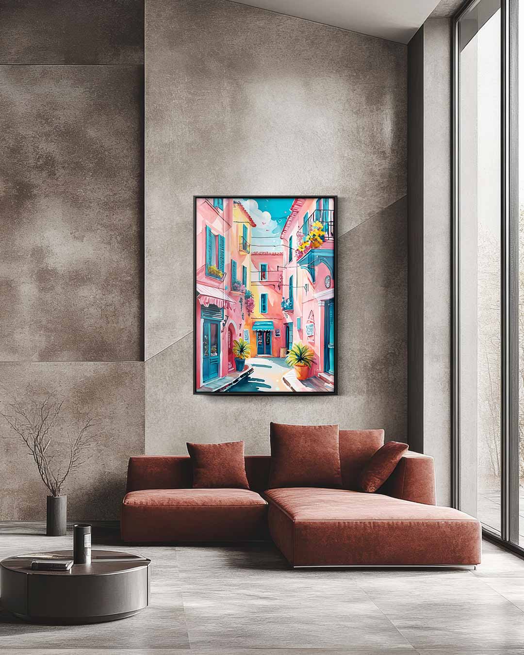 Kleurrijke Mediterrane Straat – staande wandkunst voor woonkamer of interieur