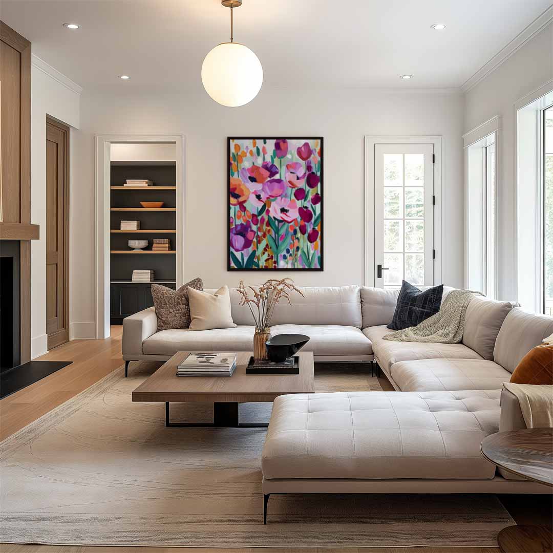 Kleurrijke Bloementuin – kunstwerk met zwarte baklijst