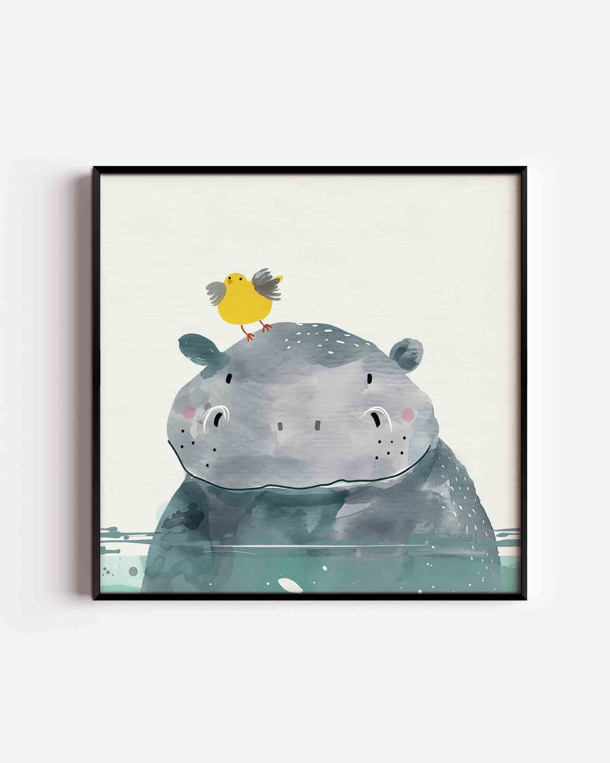 Nijlpaard met vogel – vierkante kinderposter als wanddecoratie
