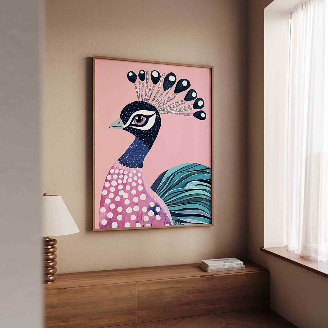 Pauw met roze achtergrond – dierenillustratie als portret poster