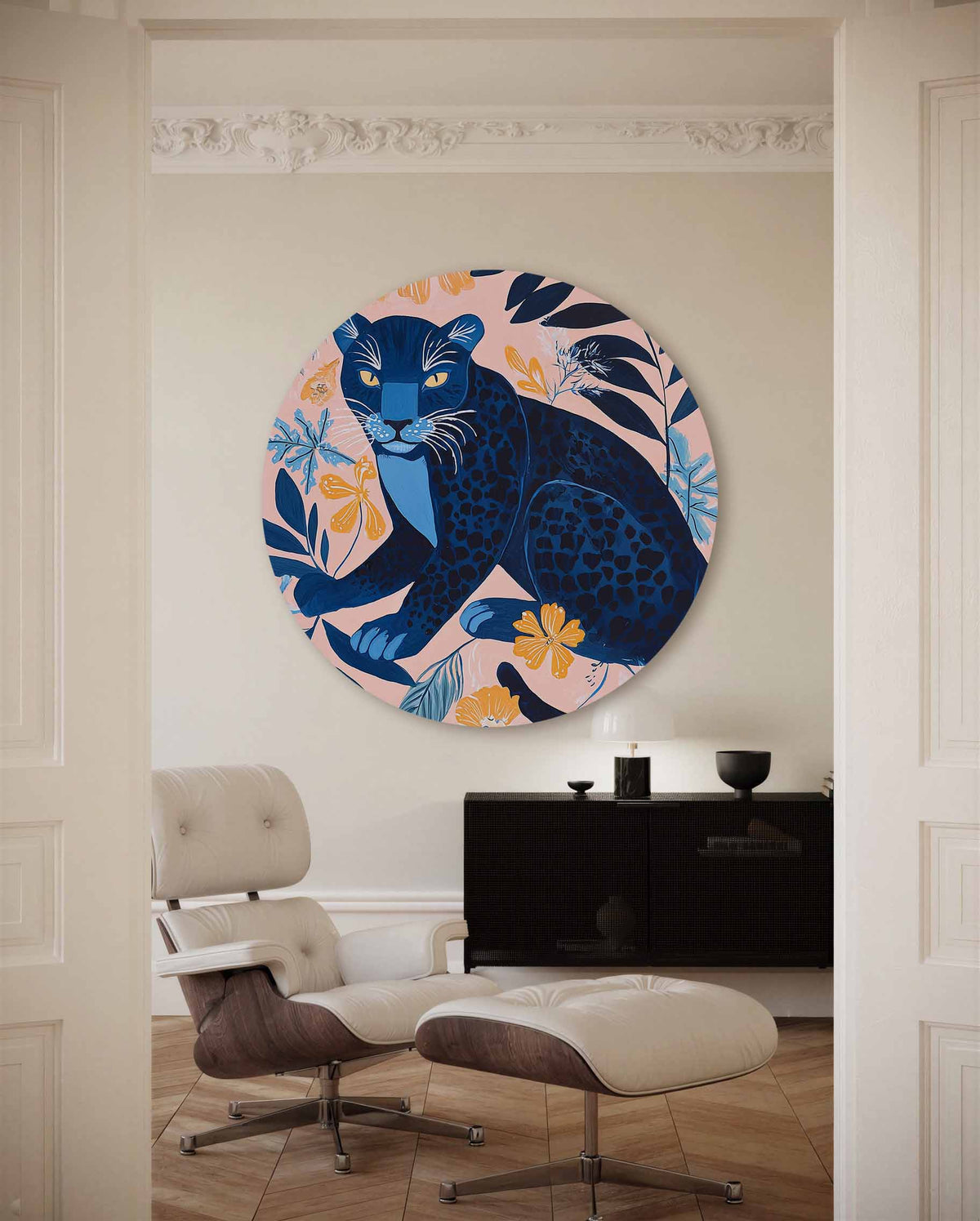 Panter en bladeren – illustratie muurcirkel als ronde muurdecoratie
