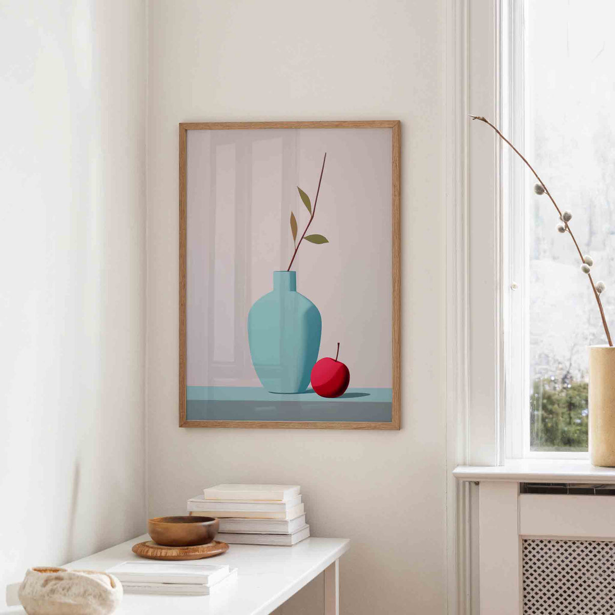 Vaas met tak en appel – staande design wanddecoratie van WallArtistic