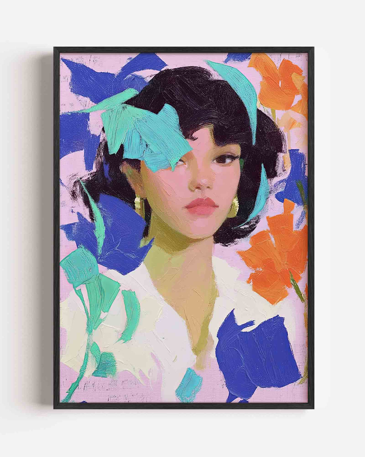 Vrouwelijk portret met kleurrijke accenten – dromerige illustratie poster als wanddecoratie