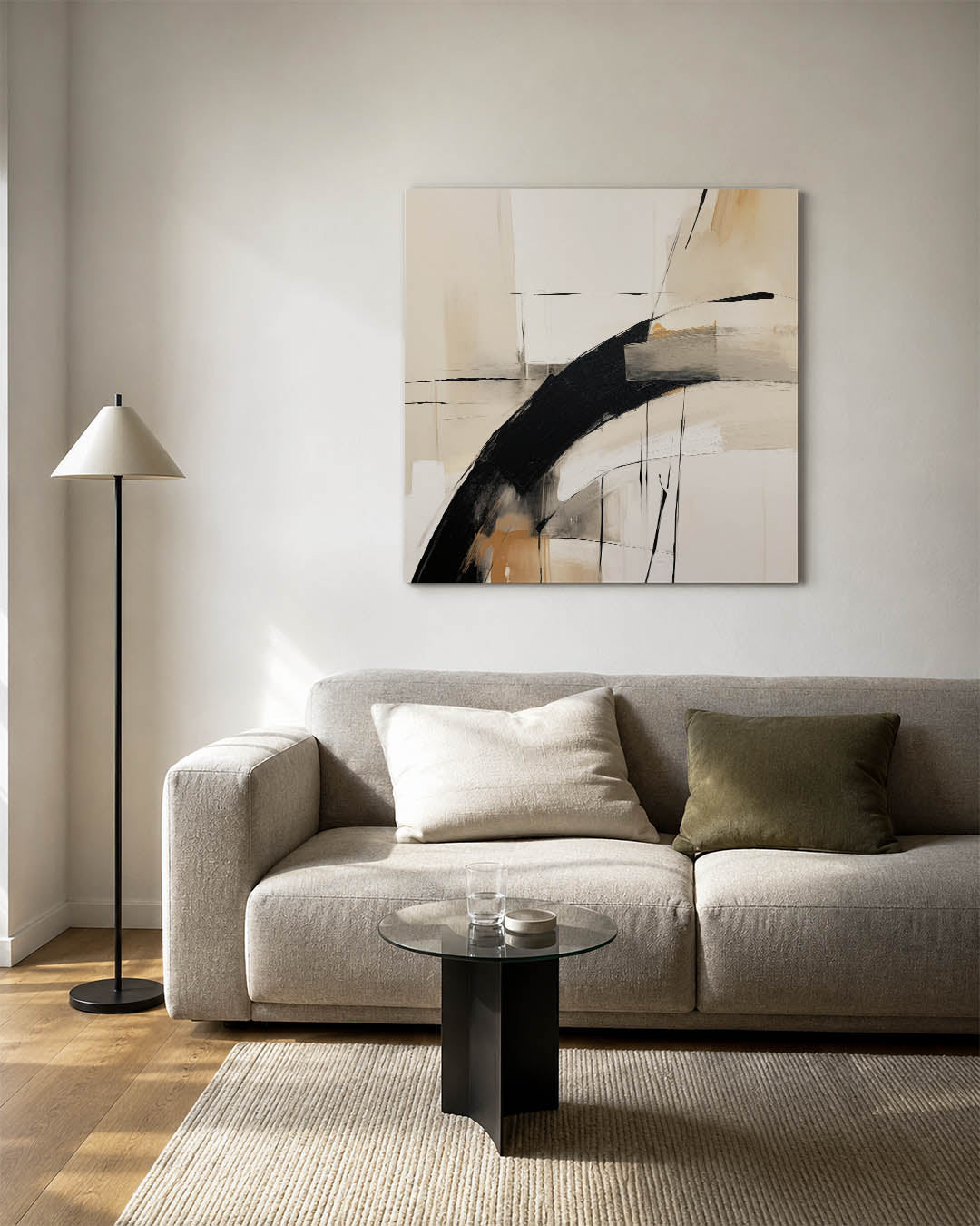 Dynamische lijnen compositie kunstwerk – vierkante wanddecoratie – dit werk toont een spel van vloeiende lijnen en vlakken in