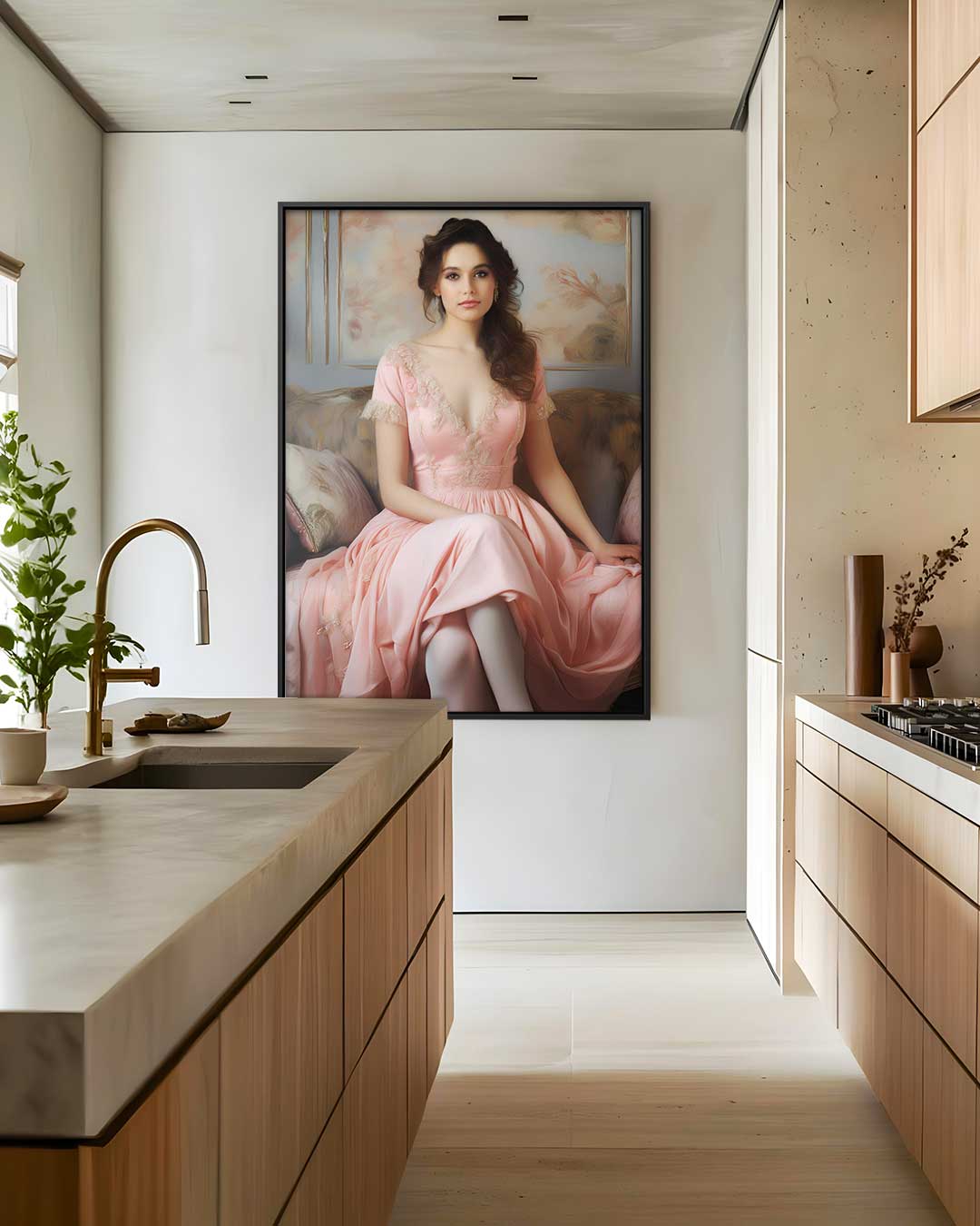 Dromerige Dame in Roze Jurk – modern portret kunstwerk van WallArtistic
